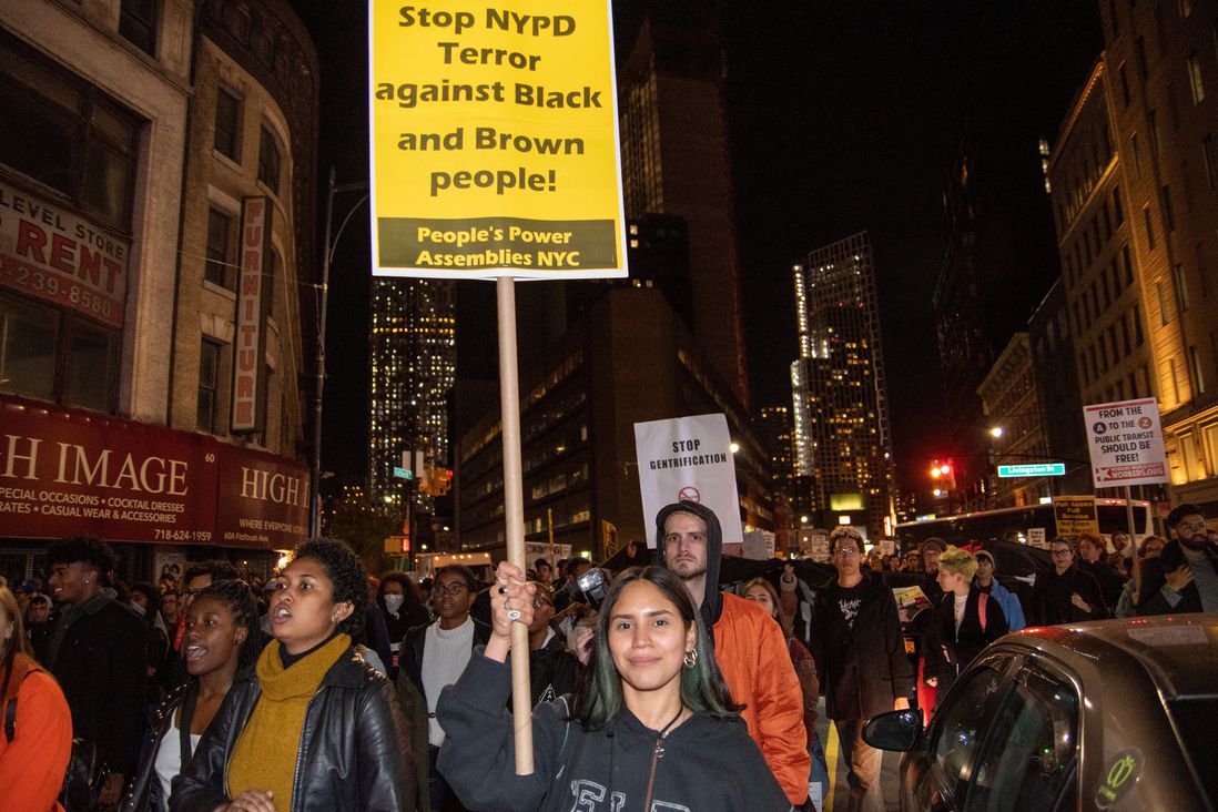 Protesters take to the streets of downtown Brooklyn to protest the NYPD's policing tactics in the subway system.